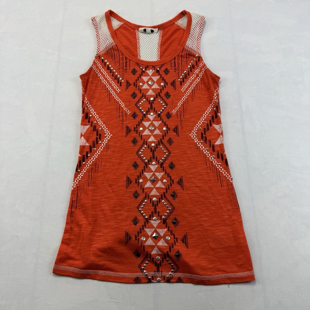 Miss Me Orange Aztec Studded Mesh Tank Top Women's XS Made in USA
